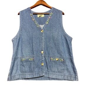 Vintage Rosettes Women XL Blue Denim Floral Embroidery Button Front V-Neck Vest